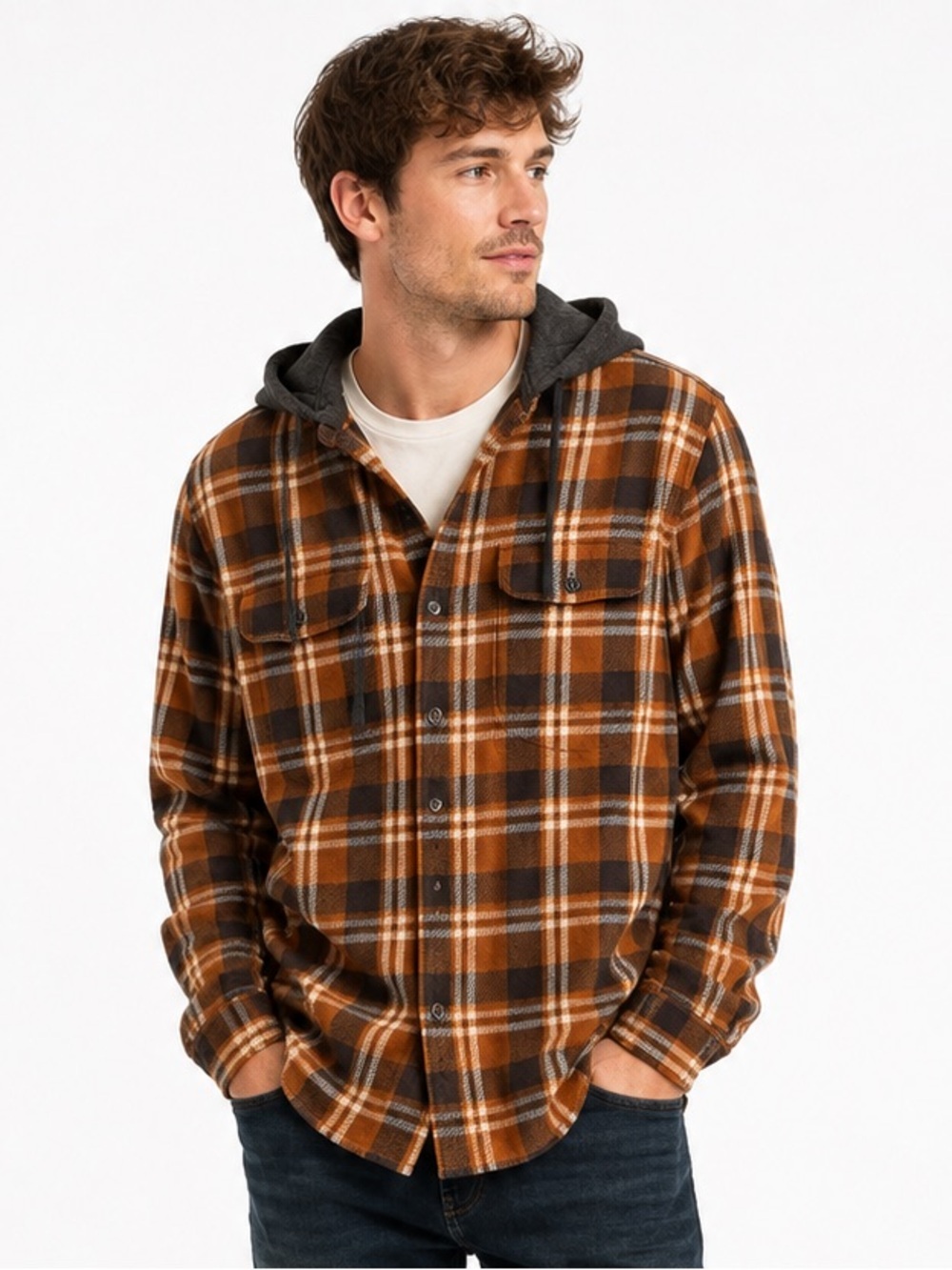American Eagle Hooded Flannel Shacket Brown Plaid Button Up Jacket Men's S